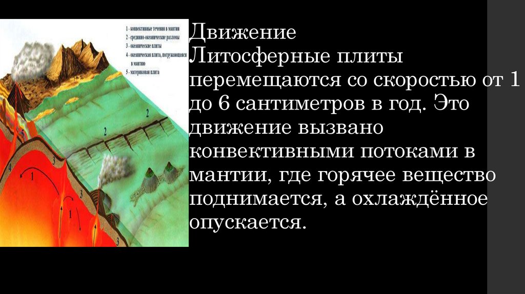 Движение Литосферные плиты перемещаются со скоростью от 1 до 6 сантиметров в год. Это движение вызвано конвективными потоками в