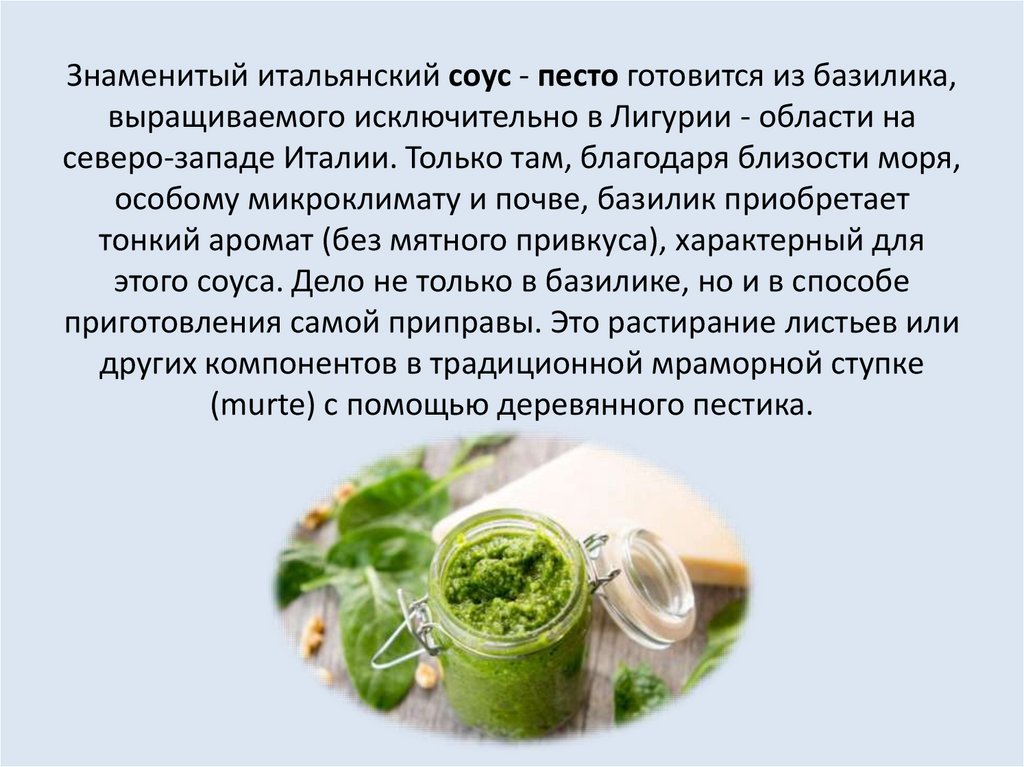 Знаменитый итальянский соус - песто готовится из базилика, выращиваемого исключительно в Лигурии - области на северо-западе