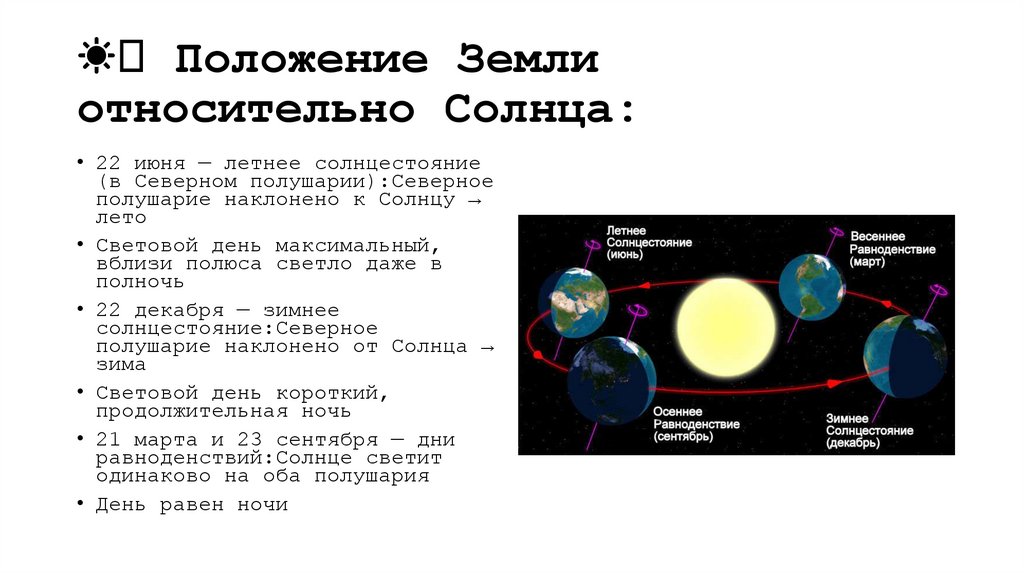 ☀️ Положение Земли относительно Солнца: