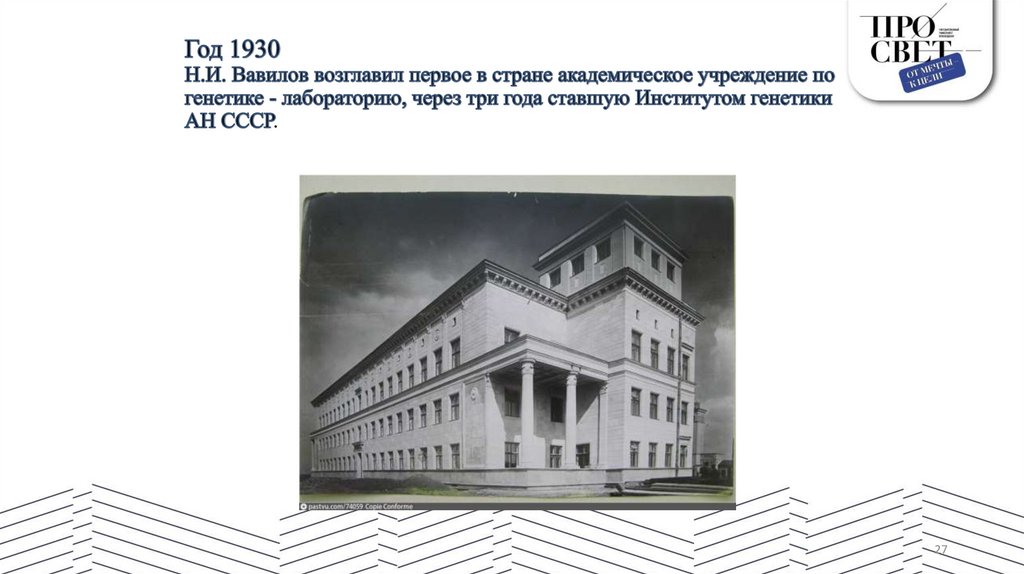 Год 1930 Н.И. Вавилов возглавил первое в стране академическое учреждение по генетике - лабораторию, через три года ставшую
