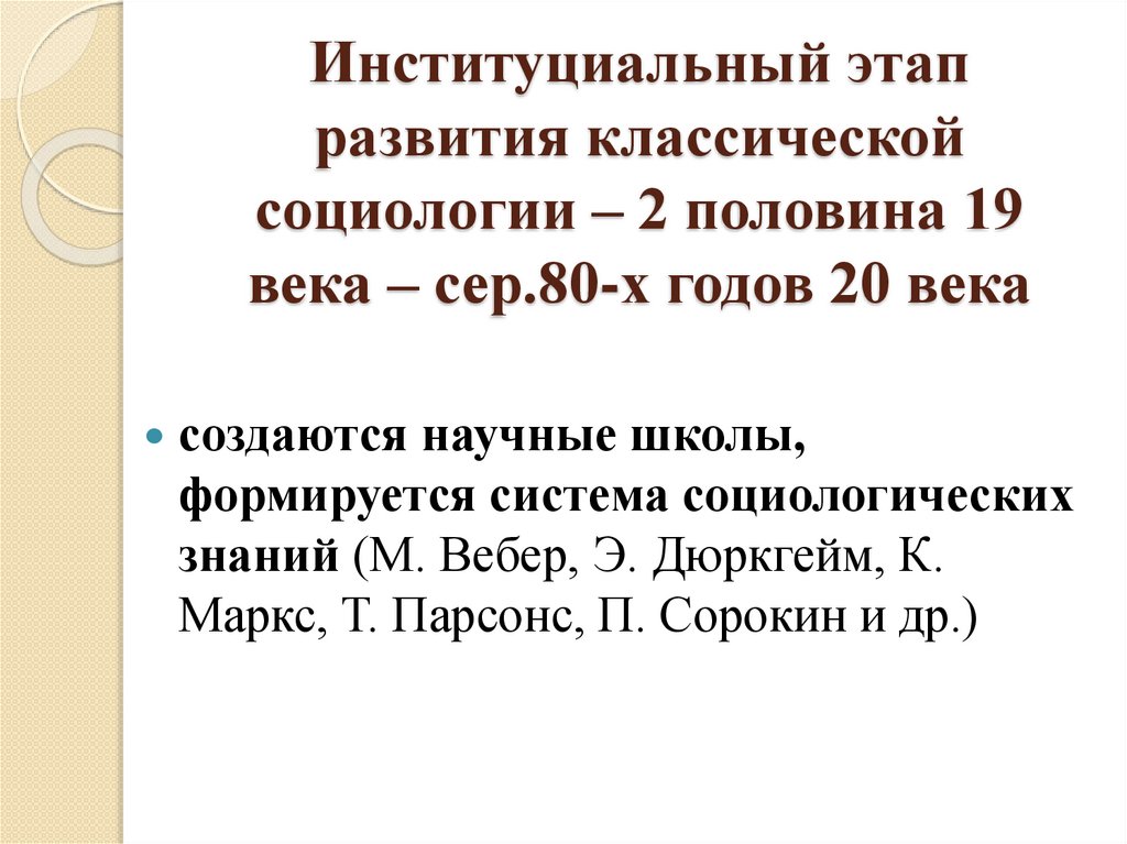 Институциальный этап развития классической социологии – 2 половина 19 века – сер.80-х годов 20 века
