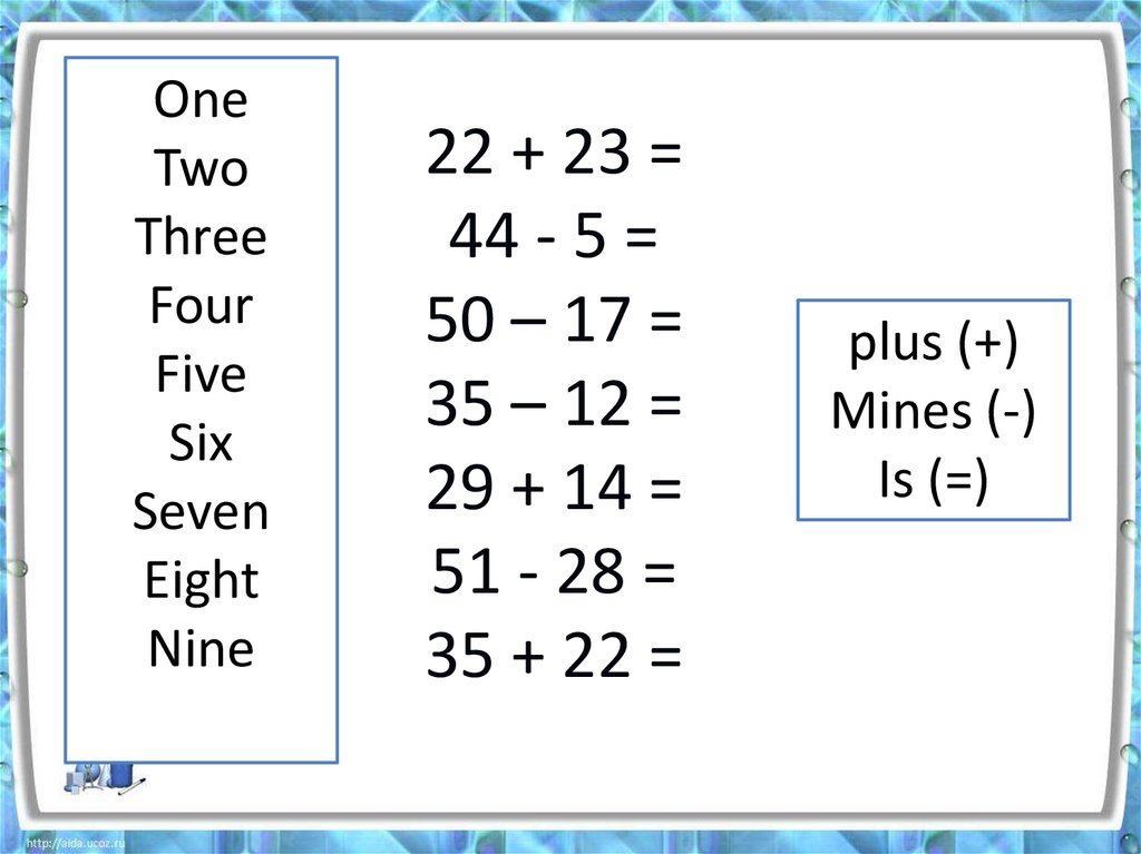 22 + 23 = 44 - 5 = 50 – 17 = 35 – 12 = 29 + 14 = 51 - 28 = 35 + 22 =