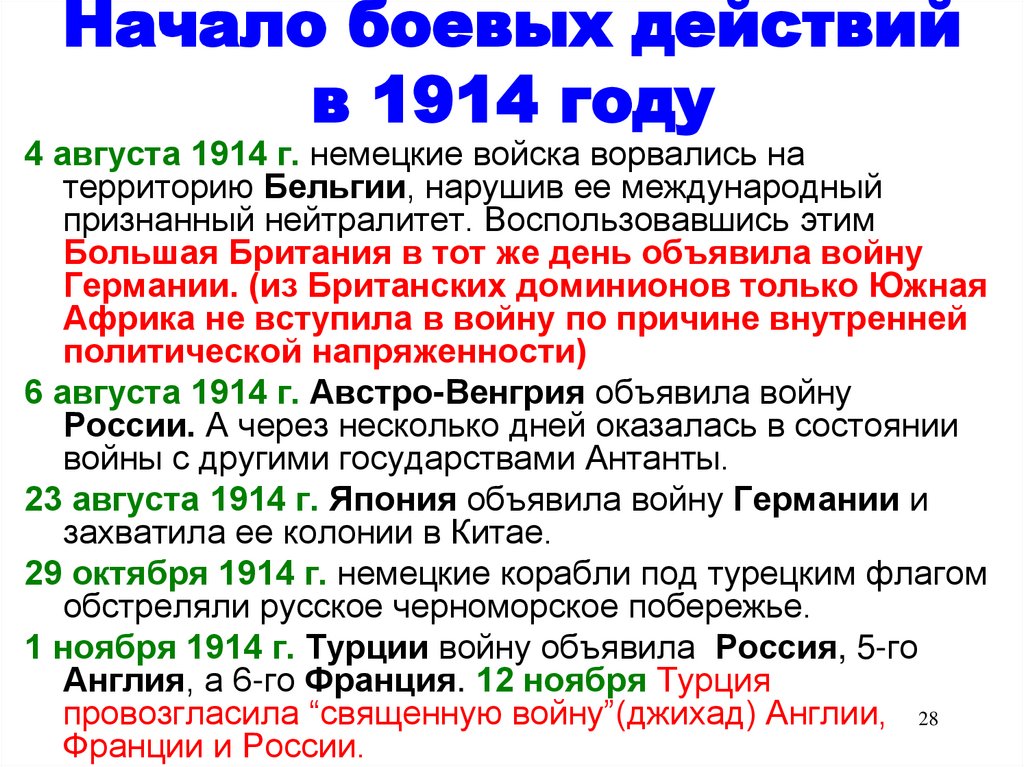Начало боевых действий в 1914 году