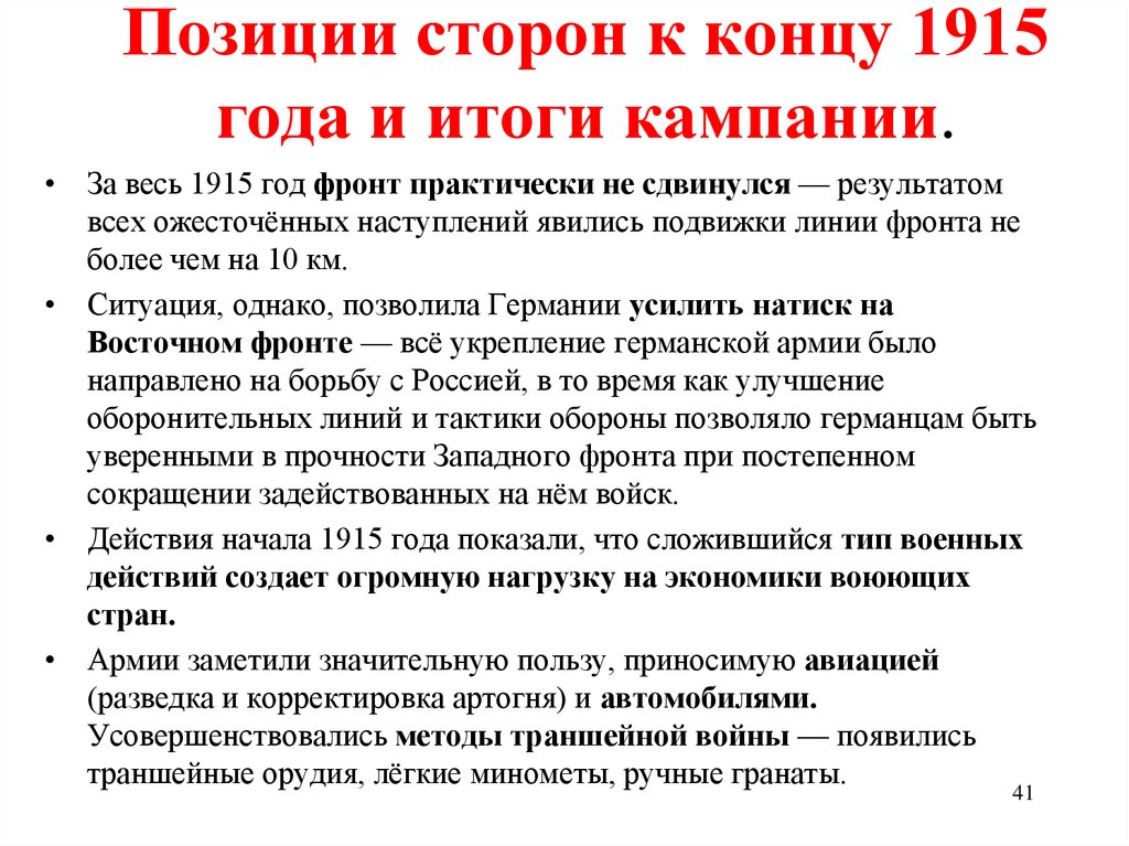 Позиции сторон к концу 1915 года и итоги кампании.