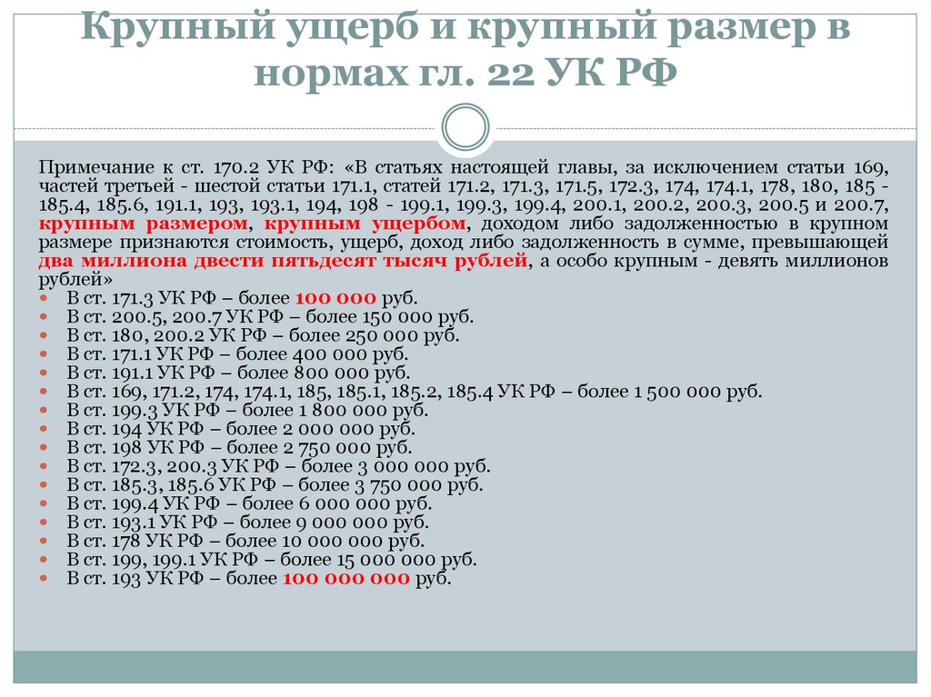 Крупный ущерб и крупный размер в нормах гл. 22 УК РФ