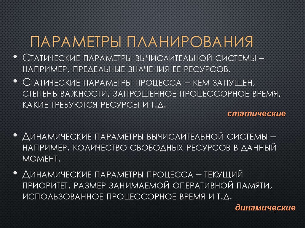 Параметры планирования