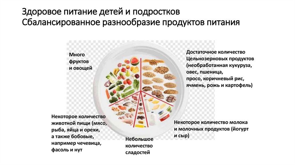 Здоровое питание детей и подростков Сбалансированное разнообразие продуктов питания