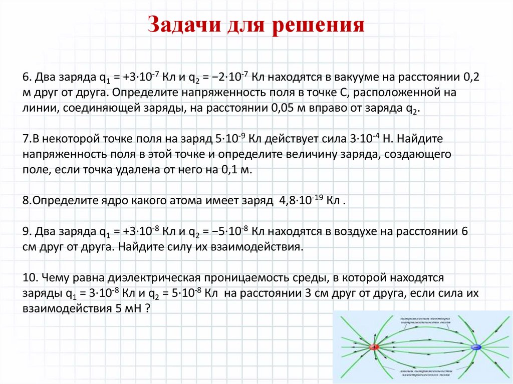 6. Два заряда q1 = +3·10-7 Кл и q2 = −2·10-7 Кл находятся в вакууме на расстоянии 0,2 м друг от друга. Определите напряженность