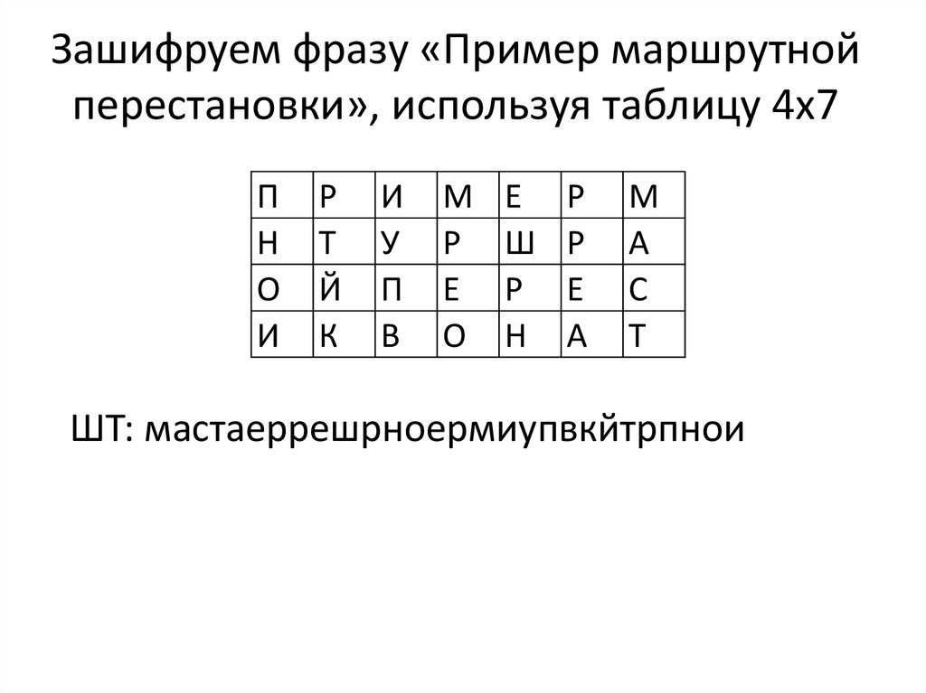 Зашифруем фразу «Пример маршрутной перестановки», используя таблицу 4х7