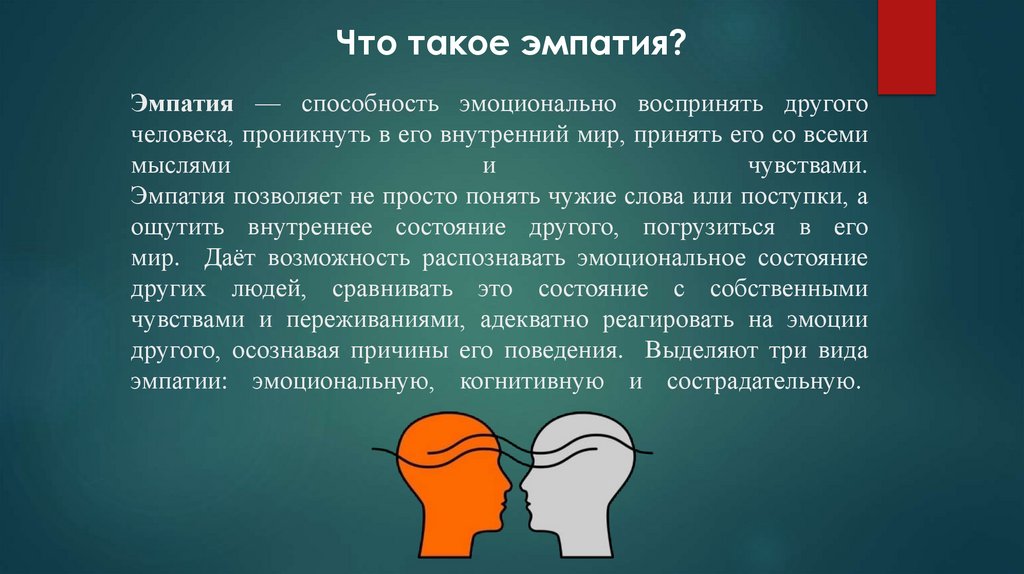 Эмпатия — способность эмоционально воспринять другого человека, проникнуть в его внутренний мир, принять его со всеми мыслями и