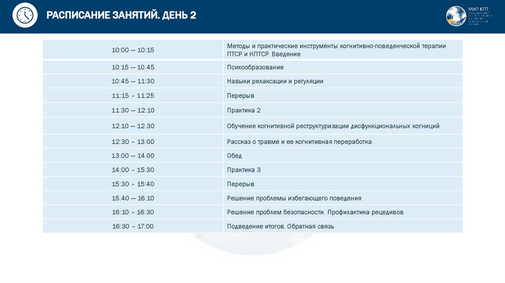 РАСПИСАНИЕ ЗАНЯТИЙ. ДЕНЬ 2