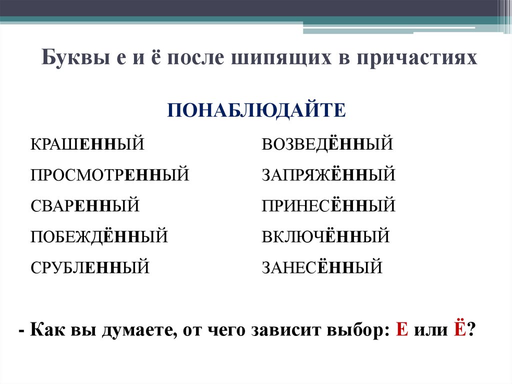 Буквы е и ё после шипящих в причастиях