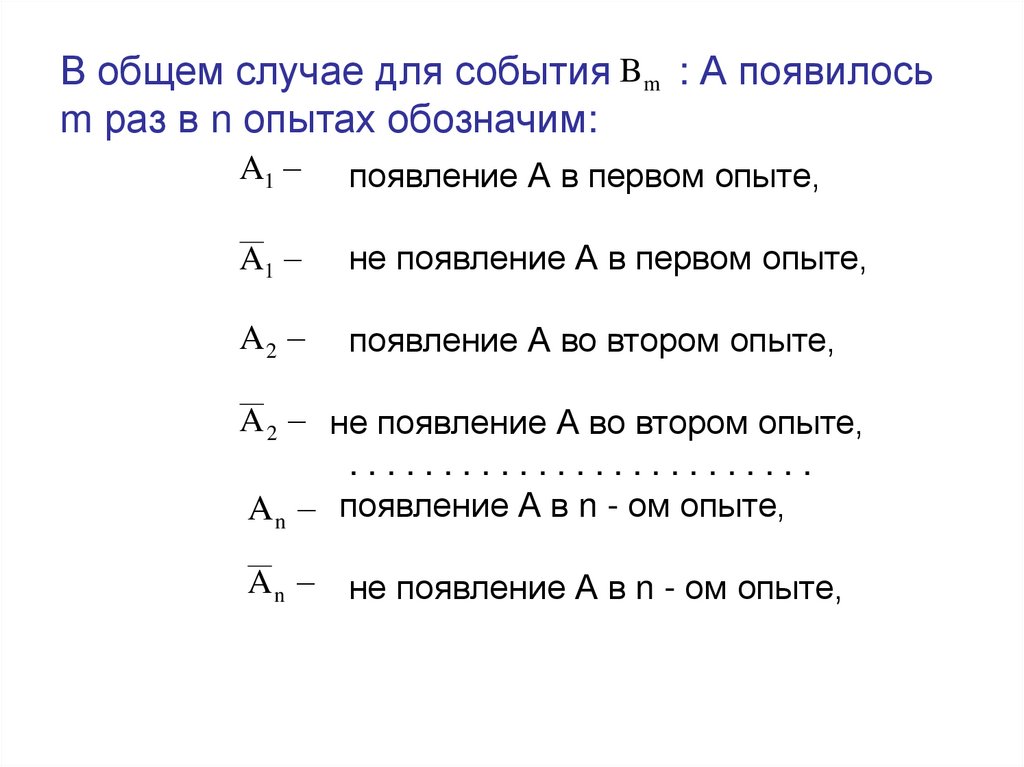 В общем случае для события : А появилось m раз в n опытах обозначим: