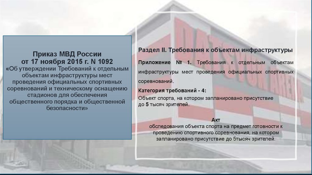Приказ МВД России от 17 ноября 2015 г. N 1092 «Об утверждении Требований к отдельным объектам инфраструктуры мест проведения
