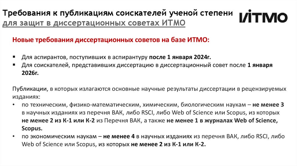 Требования к публикациям соискателей ученой степени для защит в диссертационных советах ИТМО