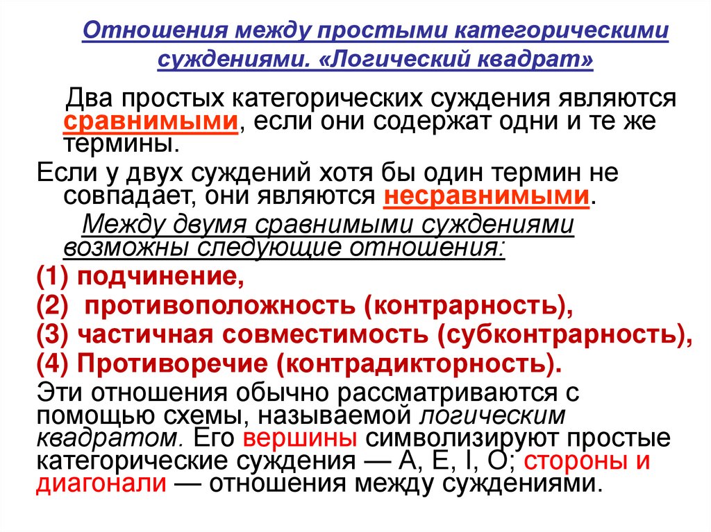 Отношения между простыми категорическими суждениями. «Логический квадрат»