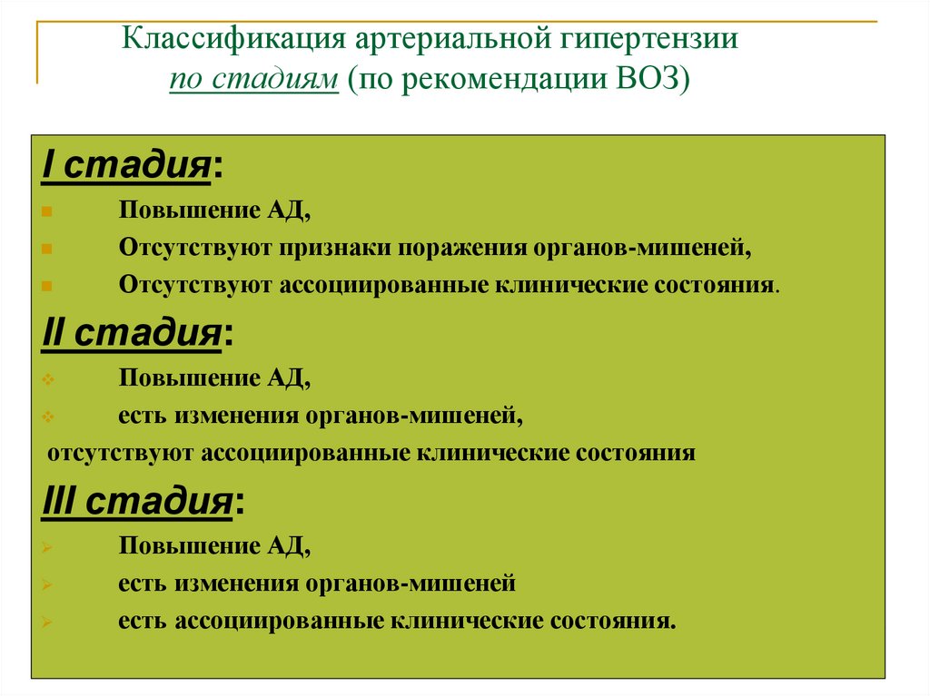Классификация артериальной гипертензии по стадиям (по рекомендации ВОЗ)