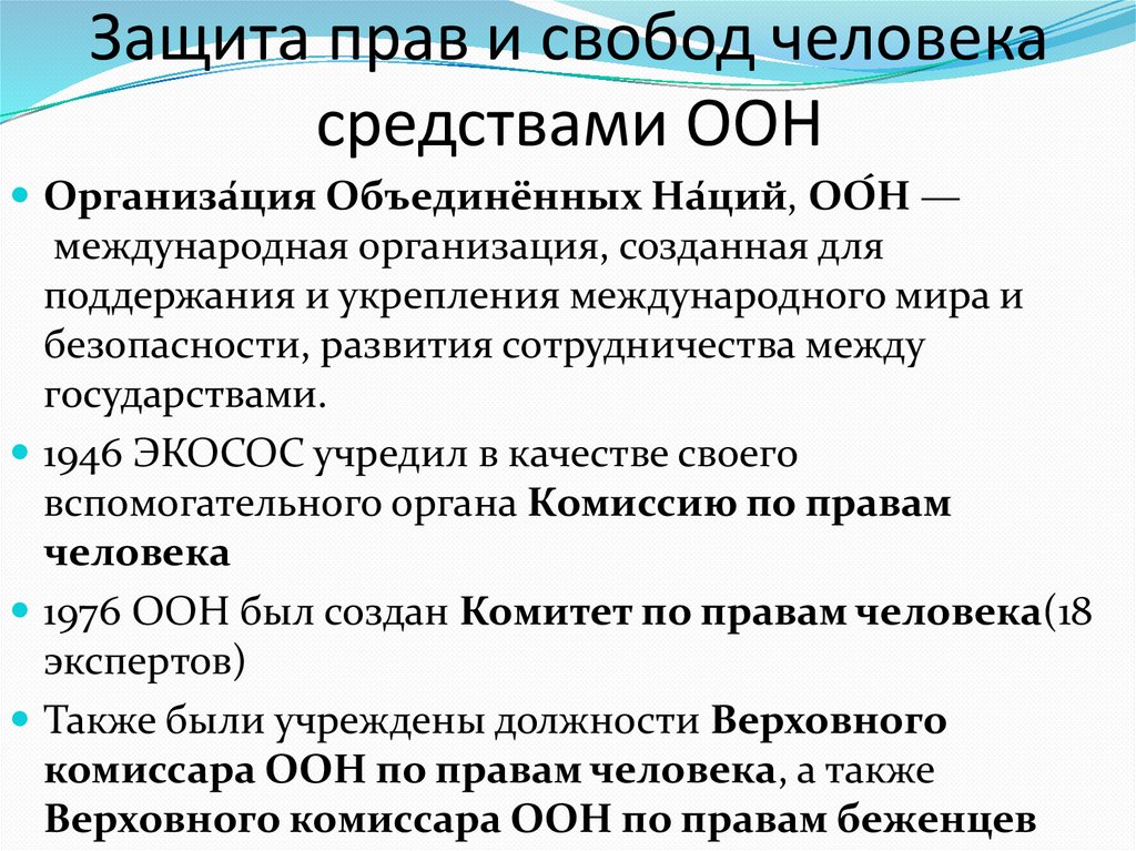 Защита прав и свобод человека средствами ООН