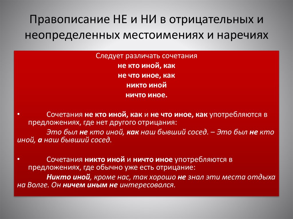 Правописание НЕ и НИ в отрицательных и неопределенных местоимениях и наречиях