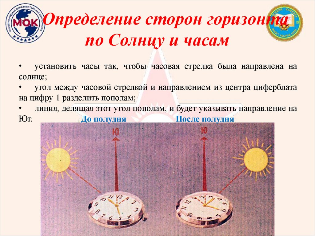Определение сторон горизонта по Солнцу и часам