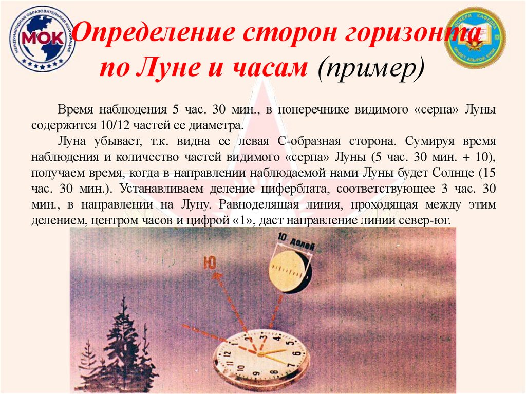 Определение сторон горизонта по Луне и часам (пример)