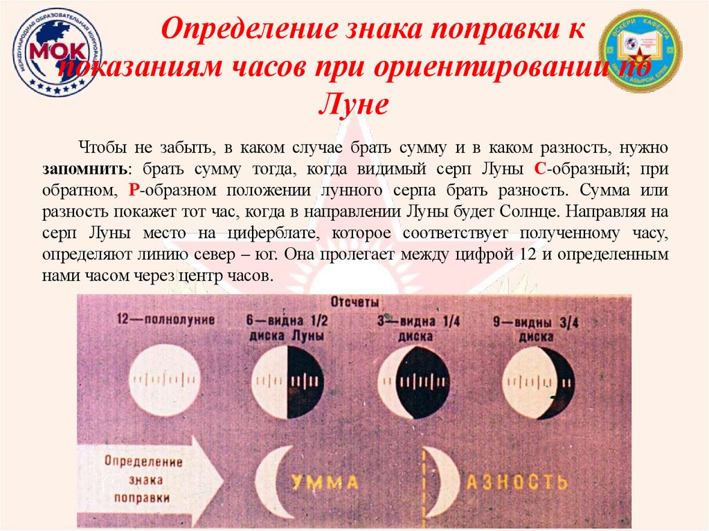 Определение знака поправки к показаниям часов при ориентировании по Луне