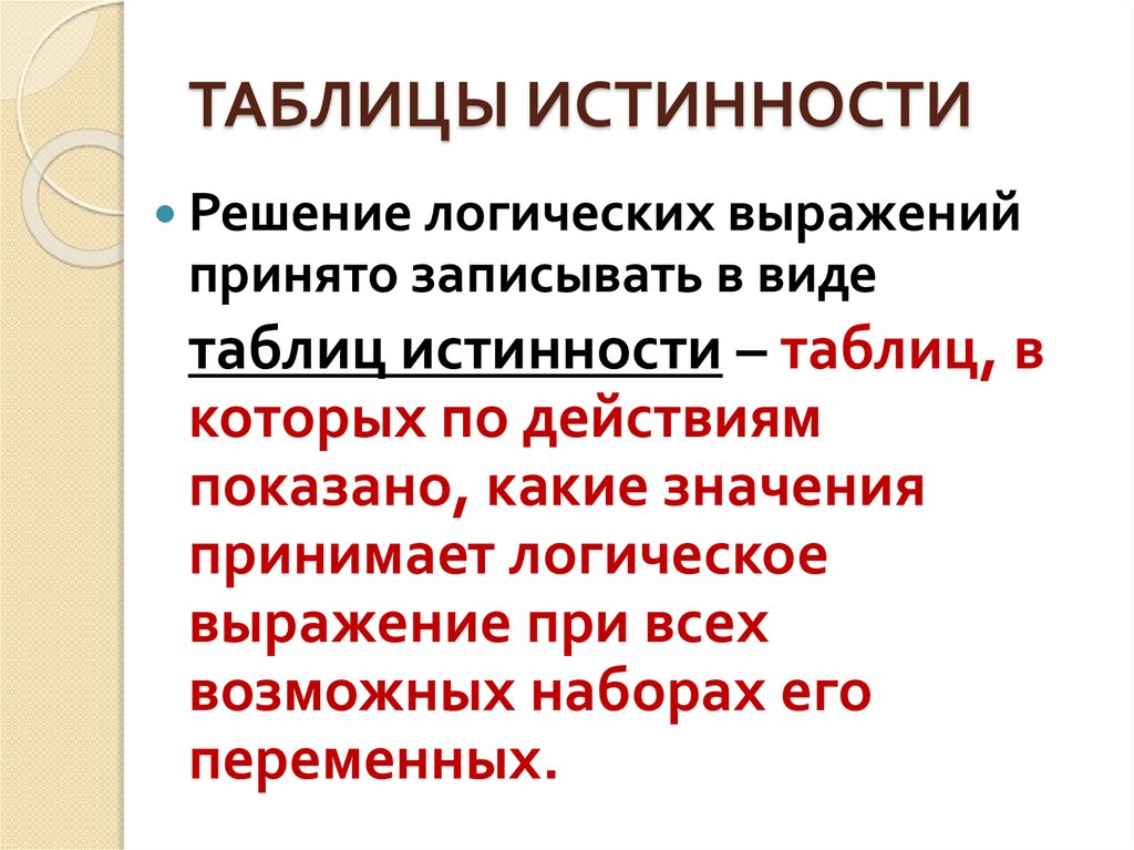 ТАБЛИЦЫ ИСТИННОСТИ
