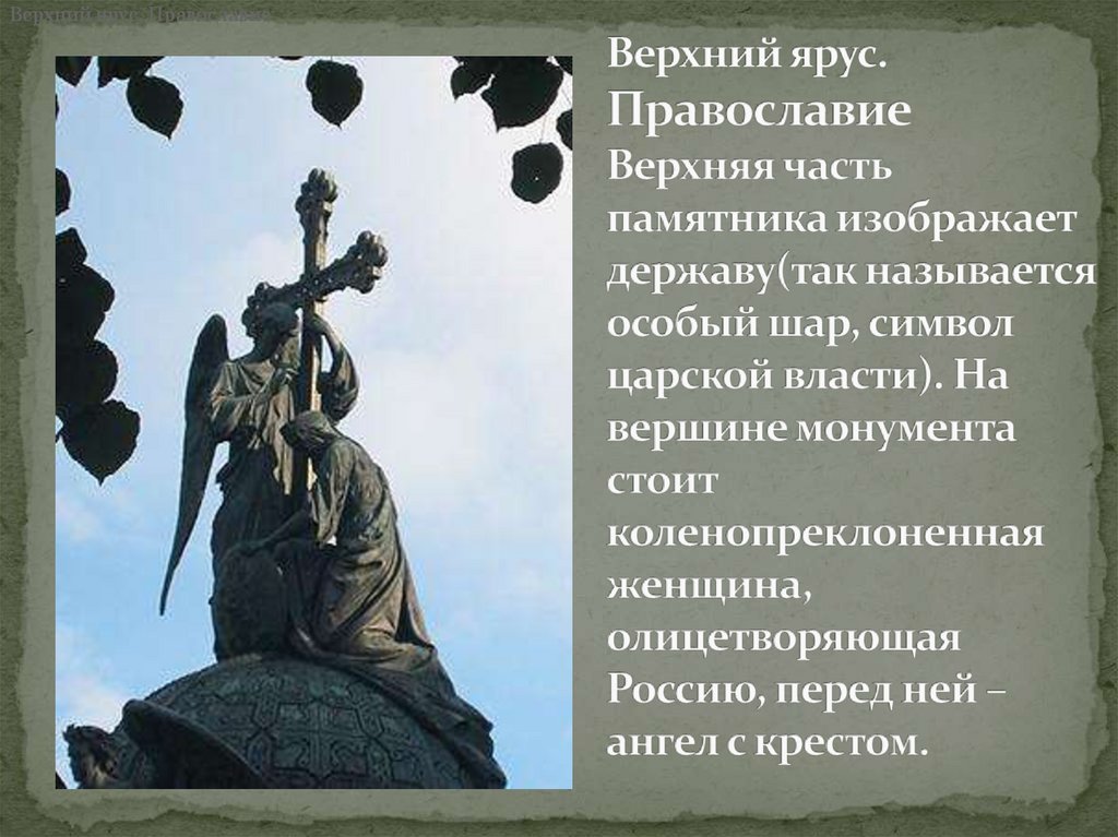 Верхний ярус. Православие Верхняя часть памятника изображает державу(так называется особый шар, символ царской власти). На