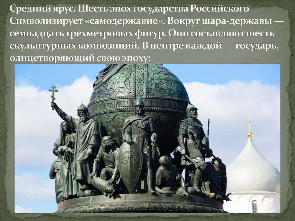 Средний ярус. Шесть эпох государства Российского Символизирует «самодержавие». Вокруг шара-державы — семнадцать трехметровых