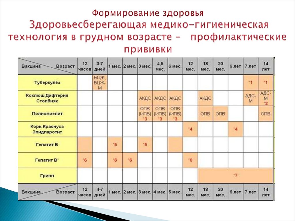 Формирование здоровья Здоровьесберегающая медико-гигиеническая технология в грудном возрасте – профилактические прививки