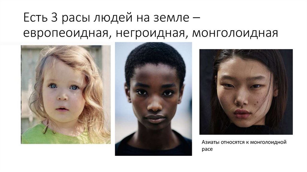 Есть 3 расы людей на земле –европеоидная, негроидная, монголоидная