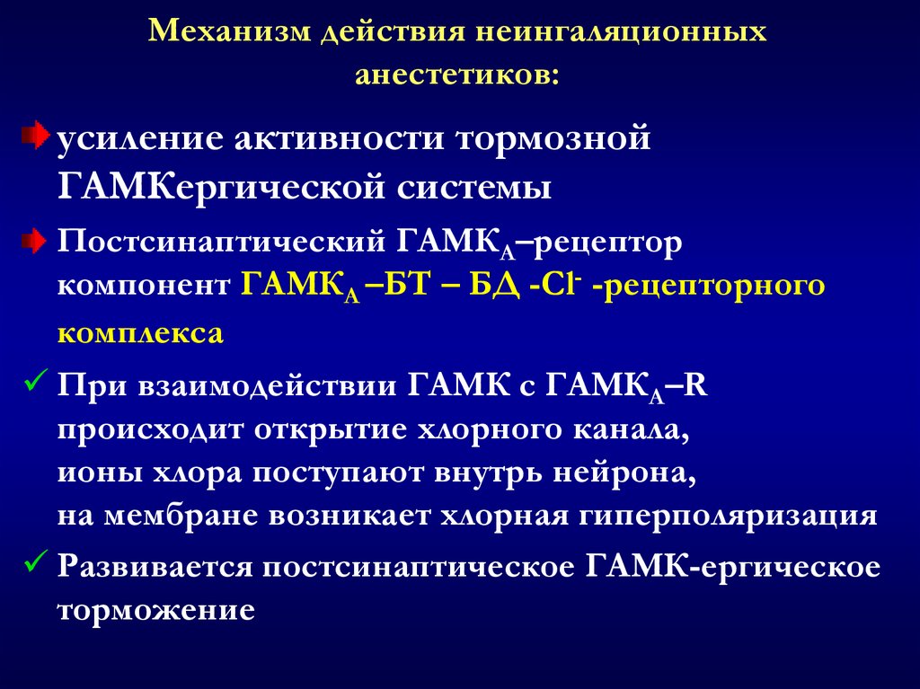 Механизм действия неингаляционных анестетиков: