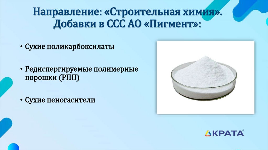 Направление: «Строительная химия». Добавки в ССС АО «Пигмент»: