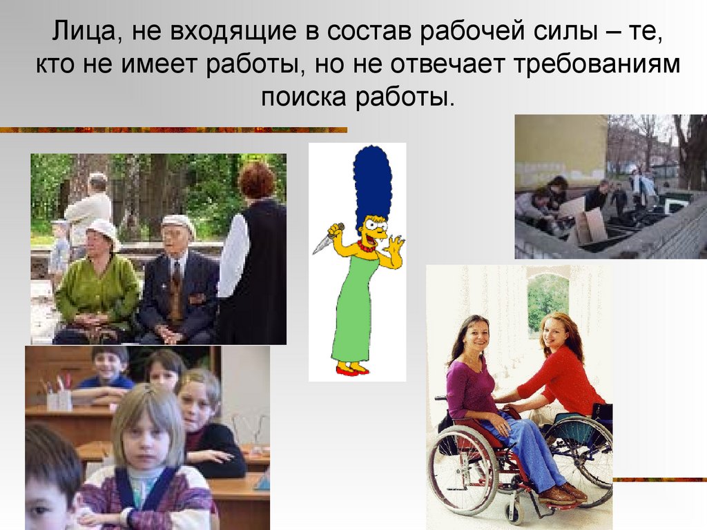 Лица, не входящие в состав рабочей силы – те, кто не имеет работы, но не отвечает требованиям поиска работы.