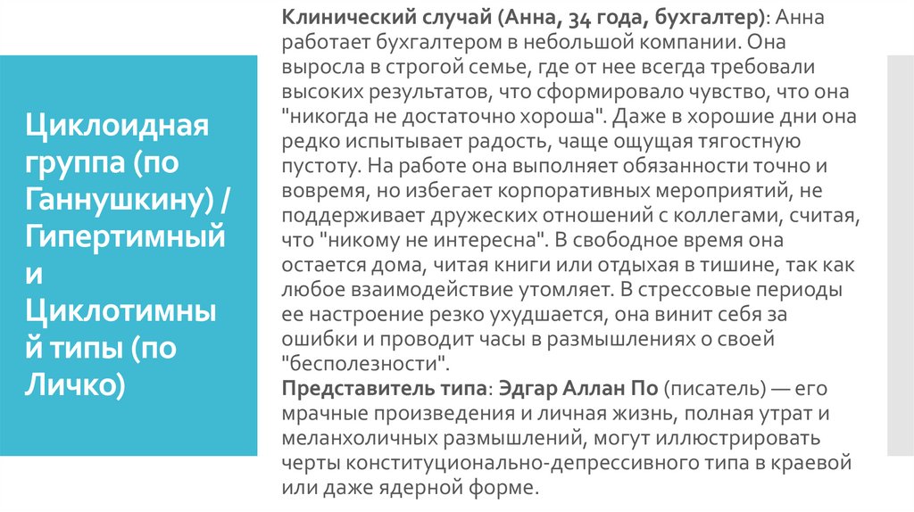 Циклоидная группа (по Ганнушкину) / Гипертимный и Циклотимный типы (по Личко)