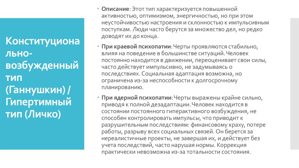 Конституционально-возбужденный тип (Ганнушкин) / Гипертимный тип (Личко)