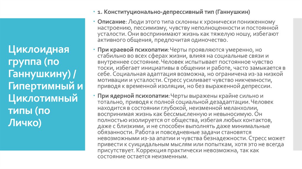 Циклоидная группа (по Ганнушкину) / Гипертимный и Циклотимный типы (по Личко)