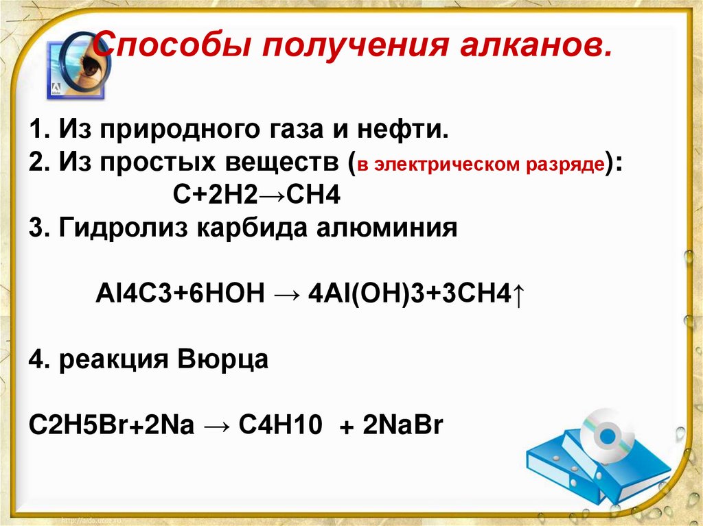 Способы получения алканов.