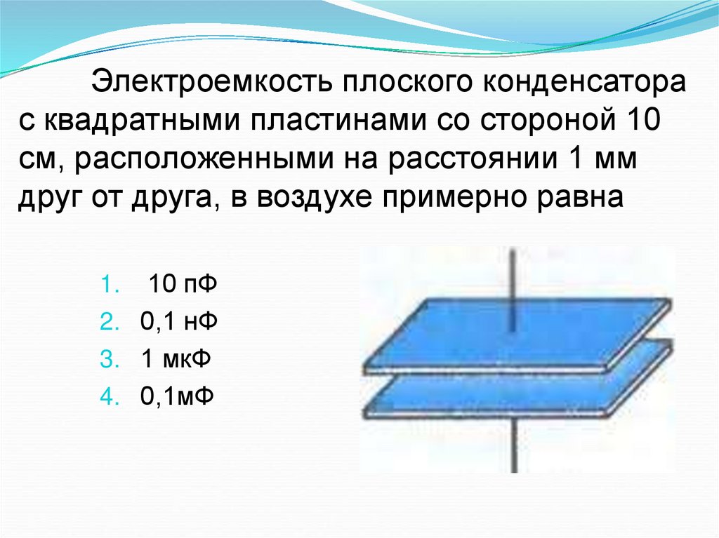 Электроемкость плоского конденсатора с квадратными пластинами со стороной 10 см, расположенными на расстоянии 1 мм друг от