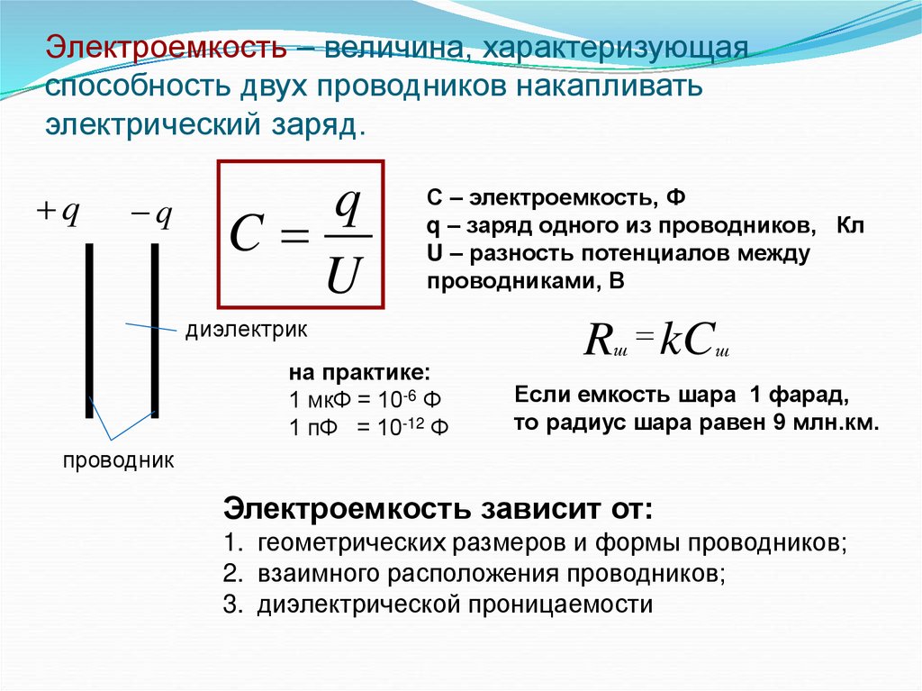Электроемкость – величина, характеризующая способность двух проводников накапливать электрический заряд.