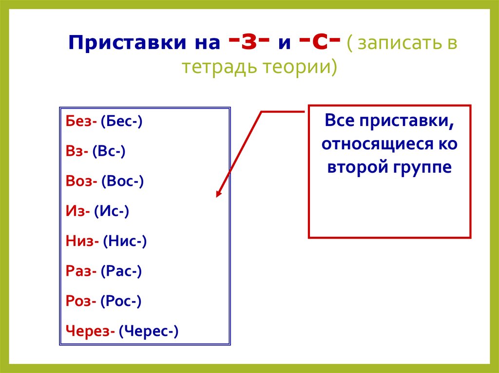 Приставки на -з- и -с- ( записать в тетрадь теории)
