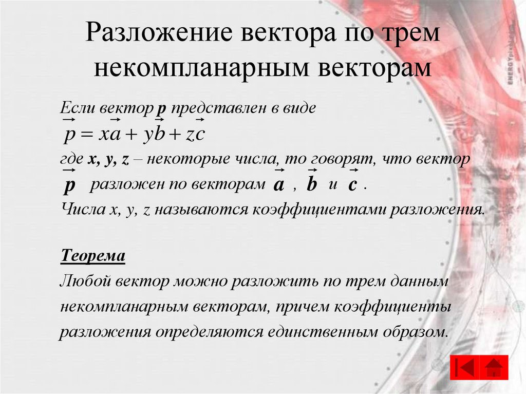 Разложение вектора по трем некомпланарным векторам