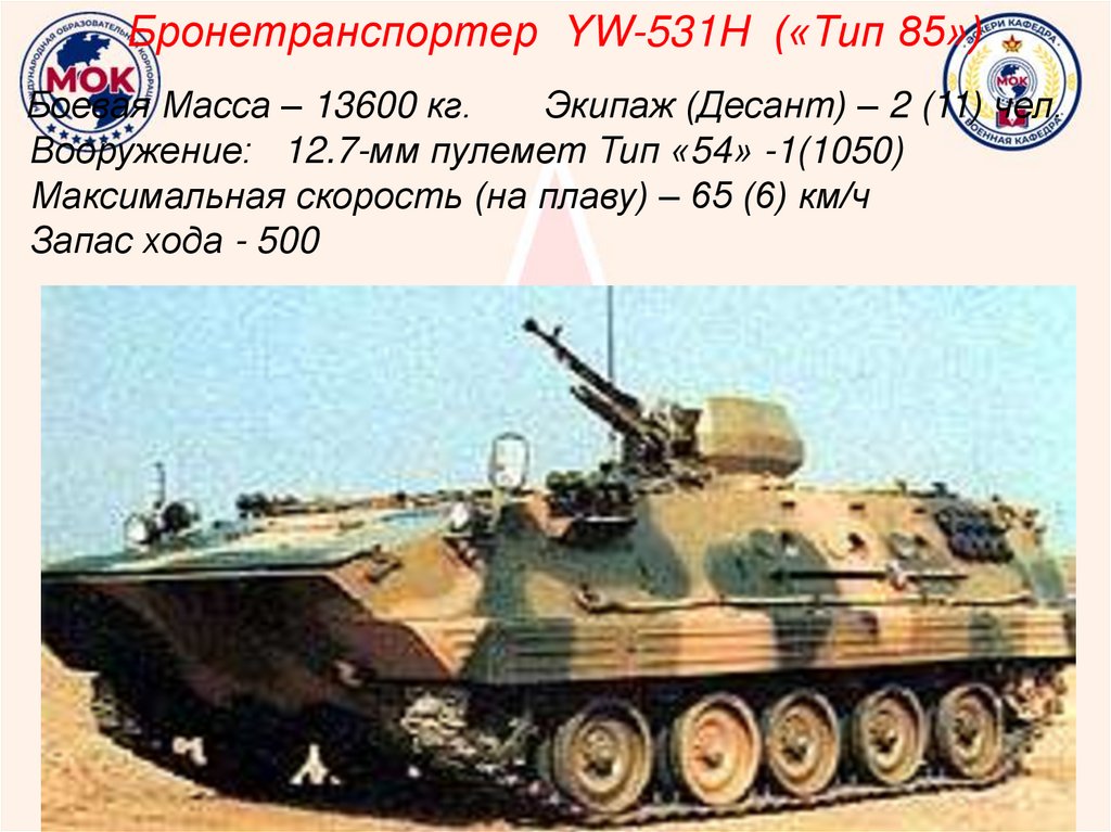 Боевая Масса – 13600 кг. Экипаж (Десант) – 2 (11) чел. Вооружение: 12.7-мм пулемет Тип «54» -1(1050) Максимальная скорость (на