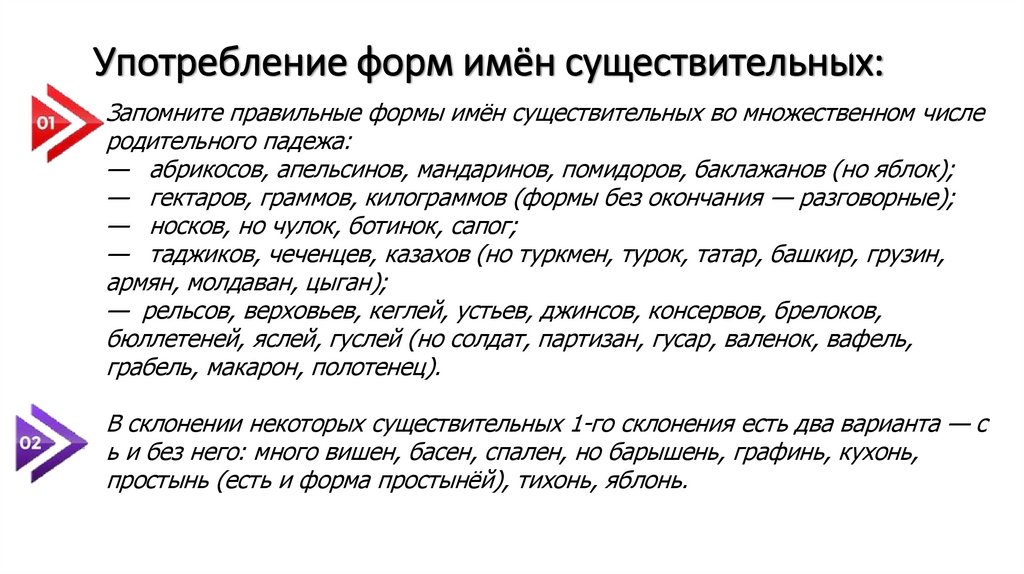 Употребление форм имён существительных: