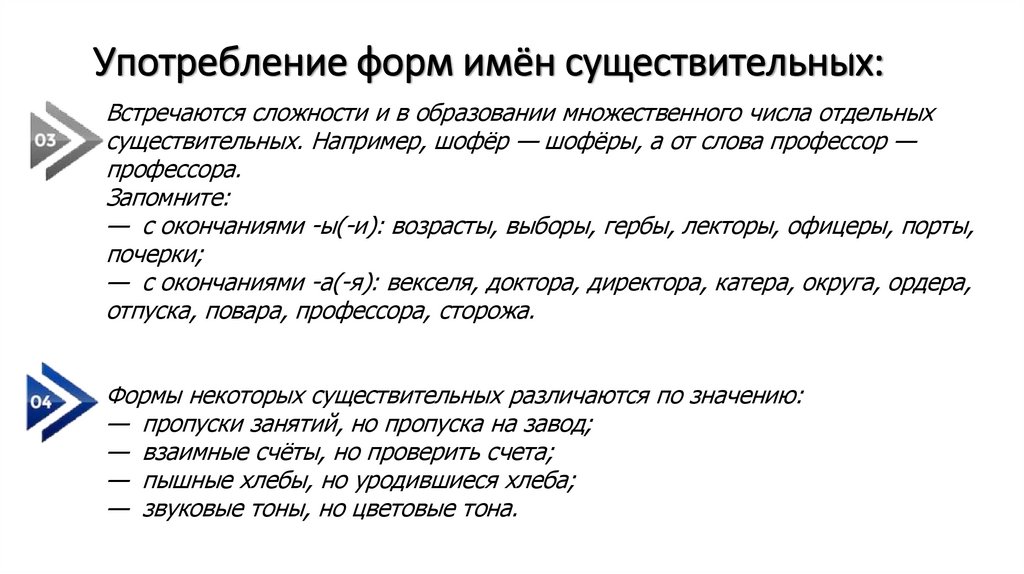 Употребление форм имён существительных: