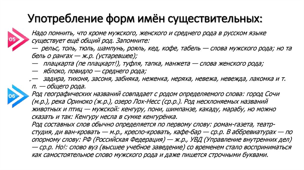 Употребление форм имён существительных: