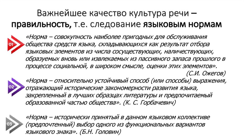 Важнейшее качество культура речи – правильность, т.е. следование языковым нормам