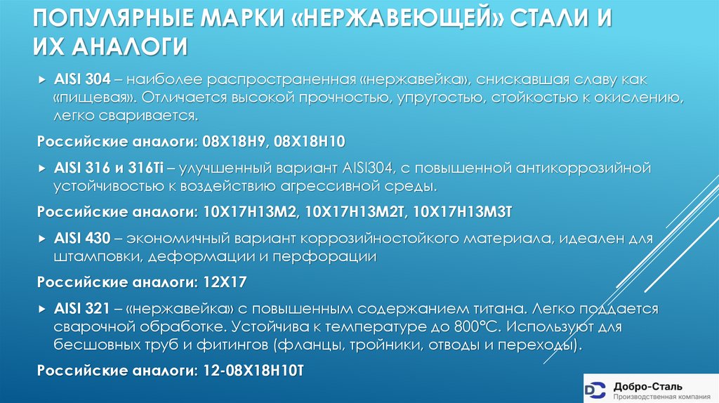 Популярные марки «Нержавеющей» стали и их аналоги