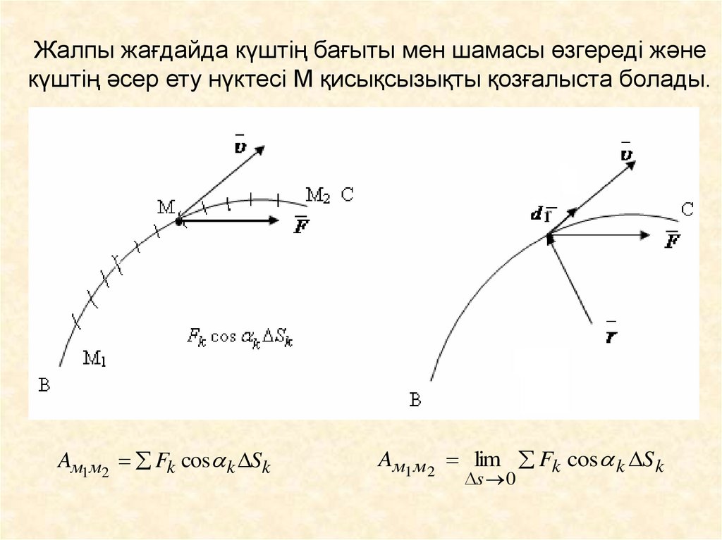 Жалпы жағдайда күштің бағыты мен шамасы өзгереді және күштің әсер ету нүктесі М қисықсызықты қозғалыста болады.