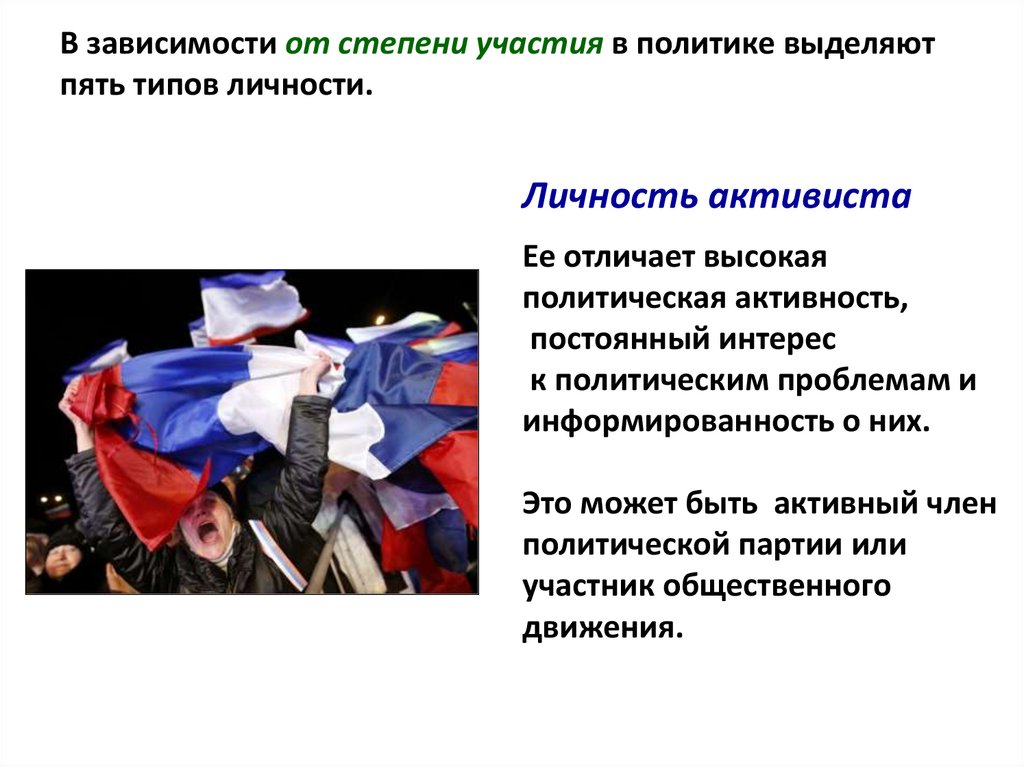 В зависимости от степени участия в политике выделяют пять типов личности.